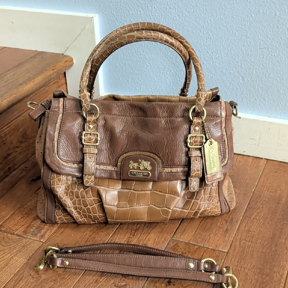 Coach Madison Pleated Embossed Exotic Flap Brownleather Satchel Handbag Carryall
